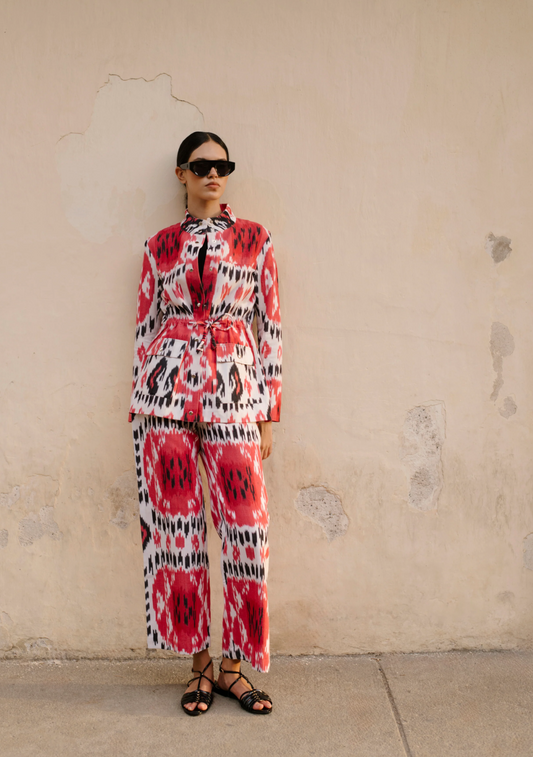 Chaqueta safari Ikat arcoíris roja
